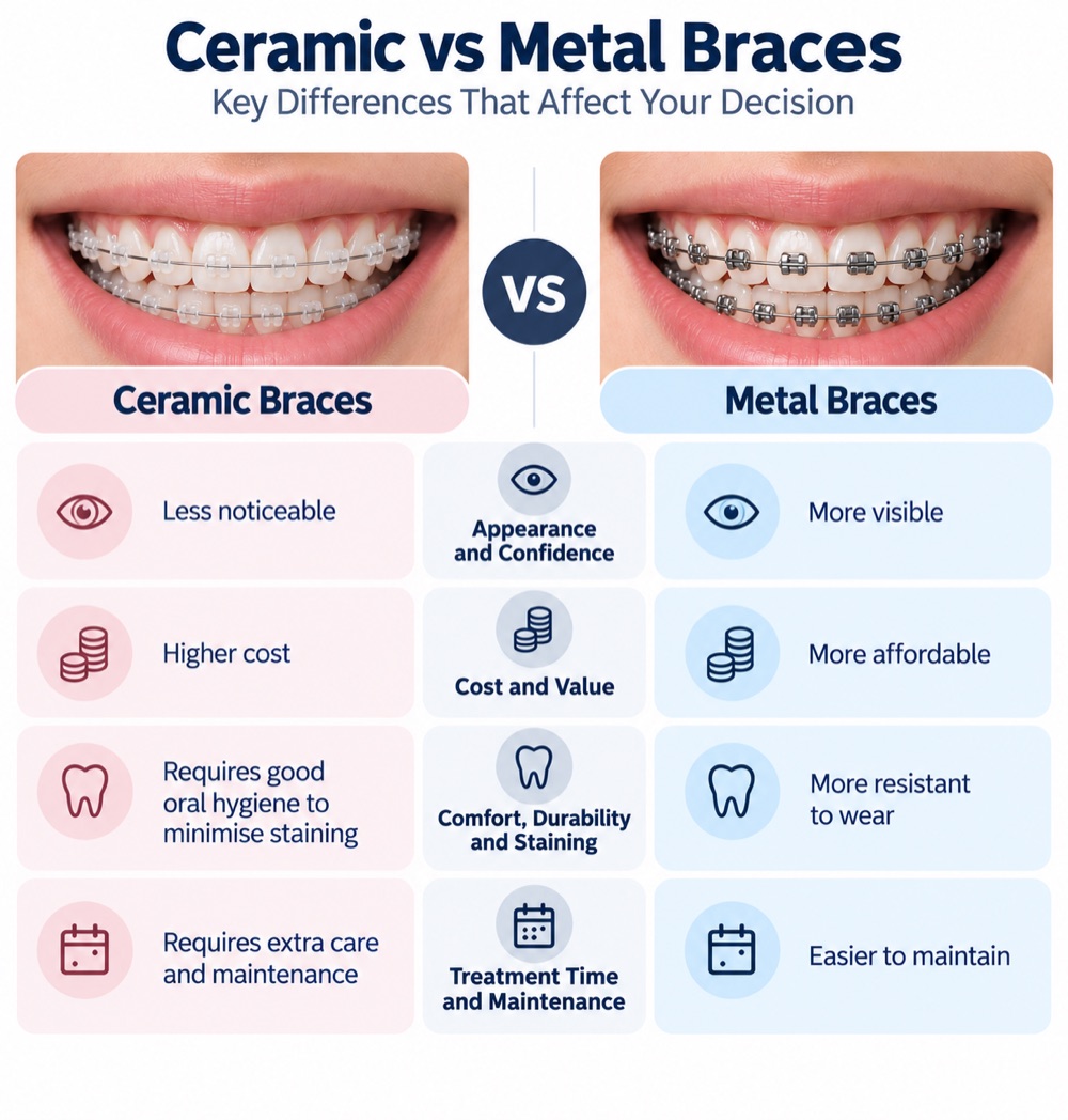 The key difference between ceramic and metal braces