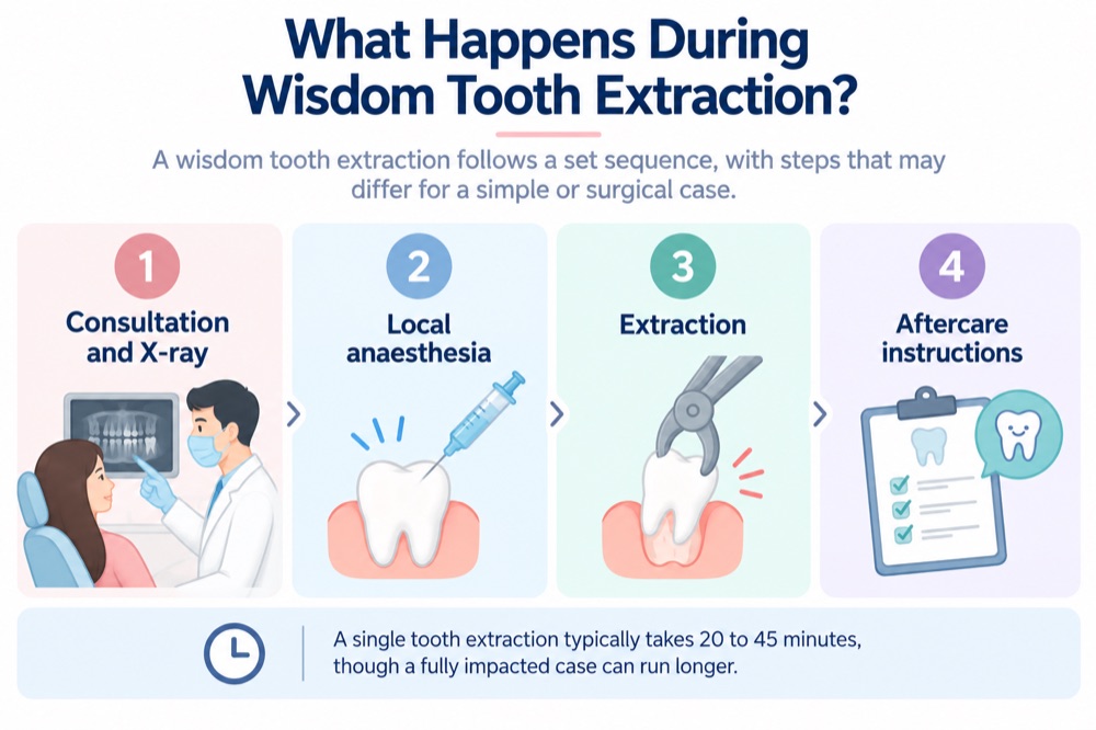 The steps in a wisdom tooth extraction